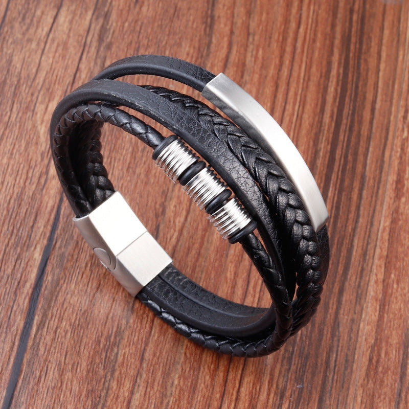 Bracelet Stainless Steel Leather Woven Multi Layer OuSD002