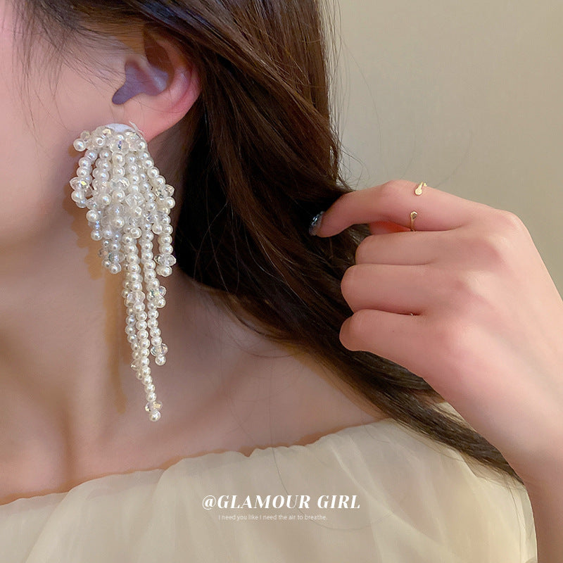 Silver Post Crystal Pearl Flower Tassel Earrings MIC-BaoY053