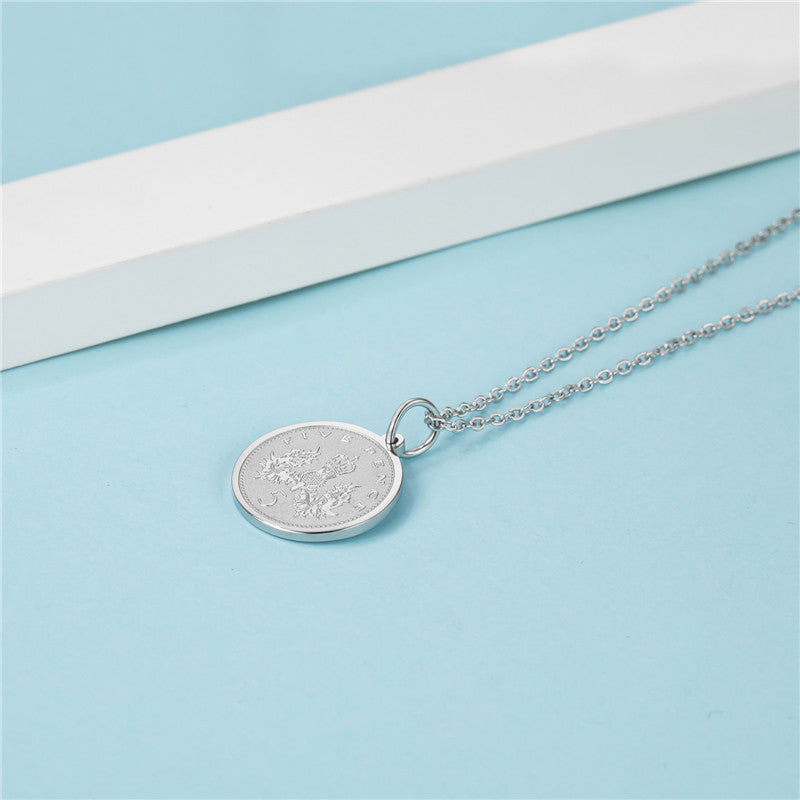 Titanium Steel Double Sided Pattern Round Card Necklace MYA-LAA001