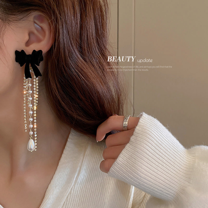 925 Silver Pin Bow Knot Pearl Tassel Earrings MIC-BaoY054