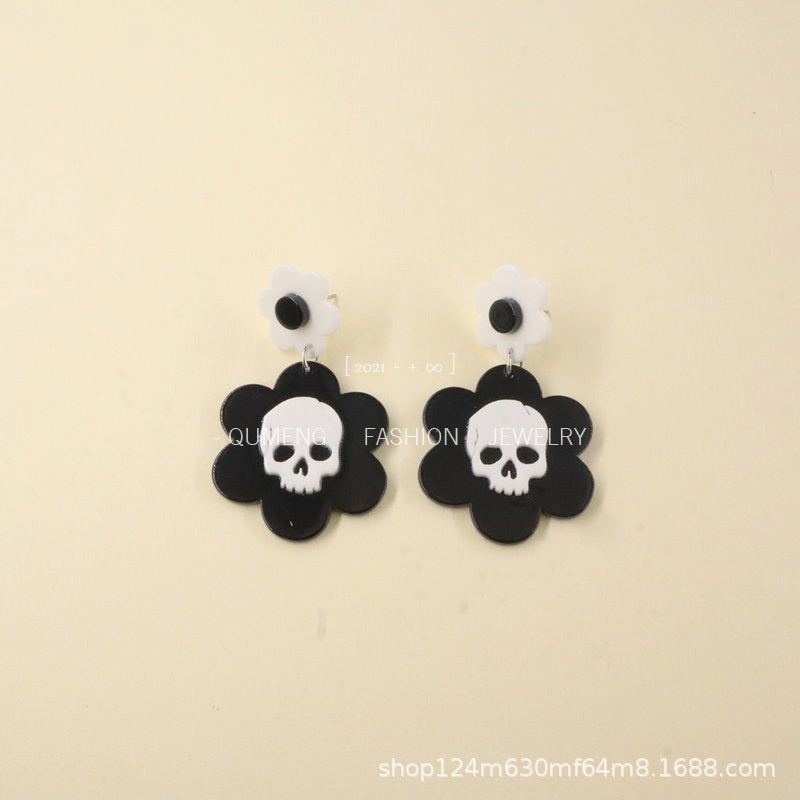 Acrylic Halloween Skull Flower Earrings (Minimo de Compra 3) MIC-OuG074