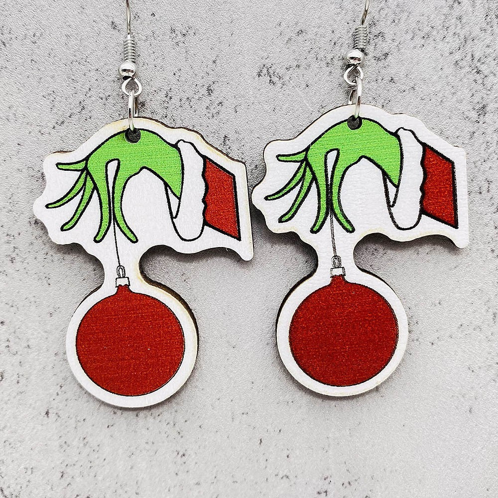 Acrylic Christmas Wooden Green Haired Monster Earrings (Minimo de compra 2) MIC-AnD013