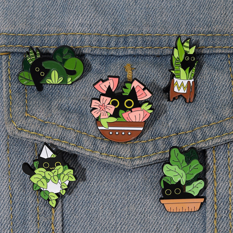 Alloy black cat green plant shaped brooch MIC-XuX019