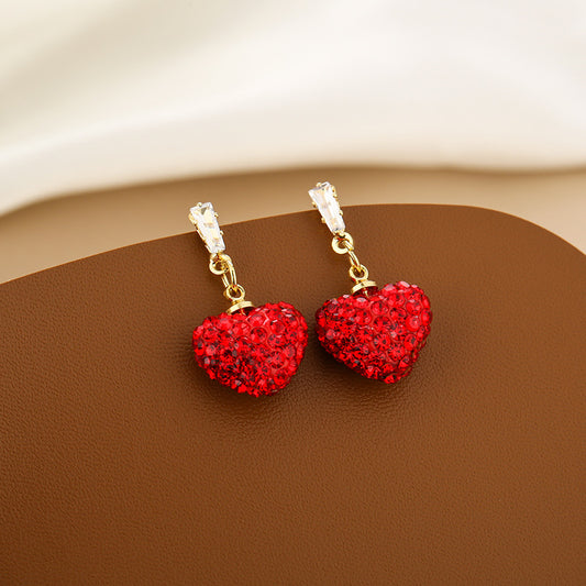 Alloy Red Full Diamond Peach Heart Earrings MIC-MDD155