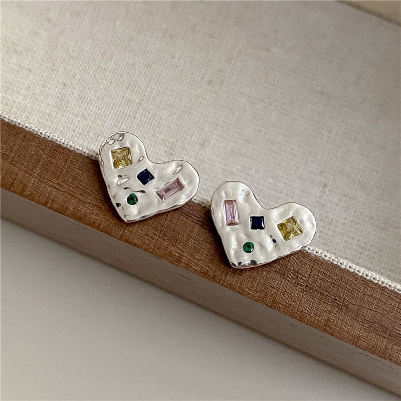 S925 sterling silver rainbow zircon love earrings US-JiaY011