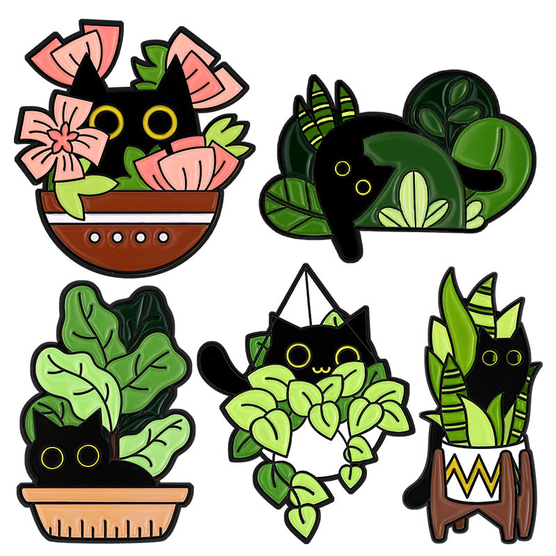 Alloy black cat green plant shaped brooch MIC-XuX019