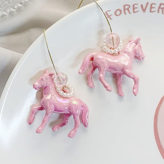 Alloy resin dreamy colored pink pony earrings (Minimo de compra 5) MIC-AoY009