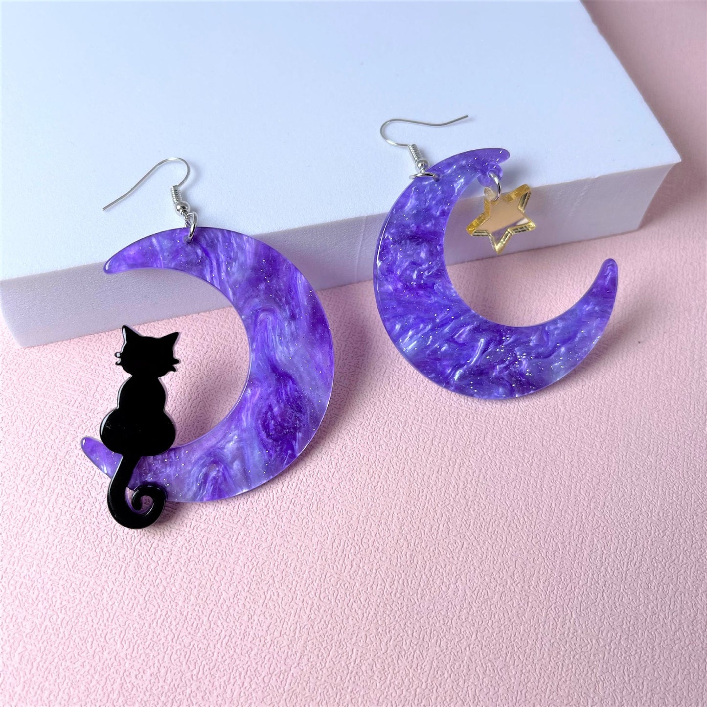 Acrylic Purple Moon Black Cat Earrings MIC-ChiC029