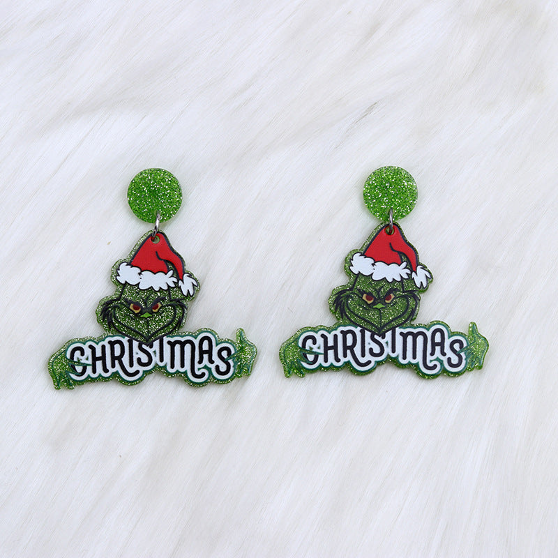 Acrylic Christmas Hat Green Hair Earrings MIC-DuA079