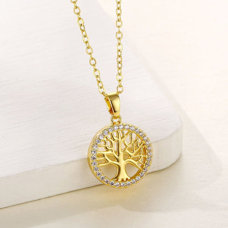 Stainless Steel Round Hollow Tree of Life Pendant Necklace