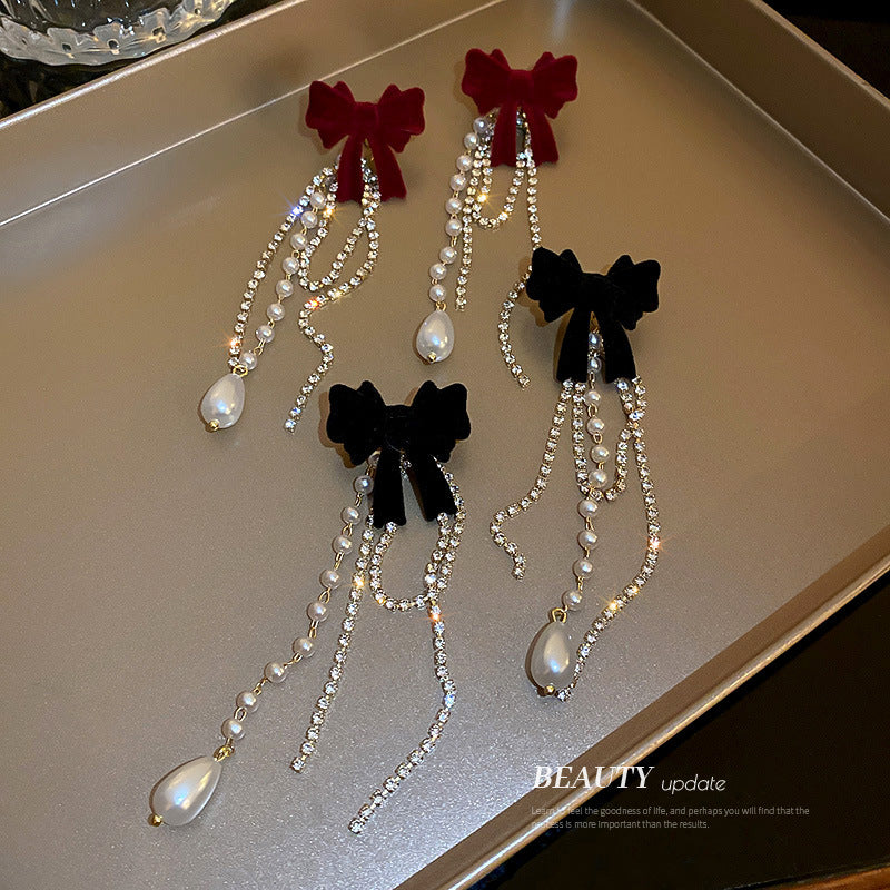 925 Silver Pin Bow Knot Pearl Tassel Earrings MIC-BaoY054