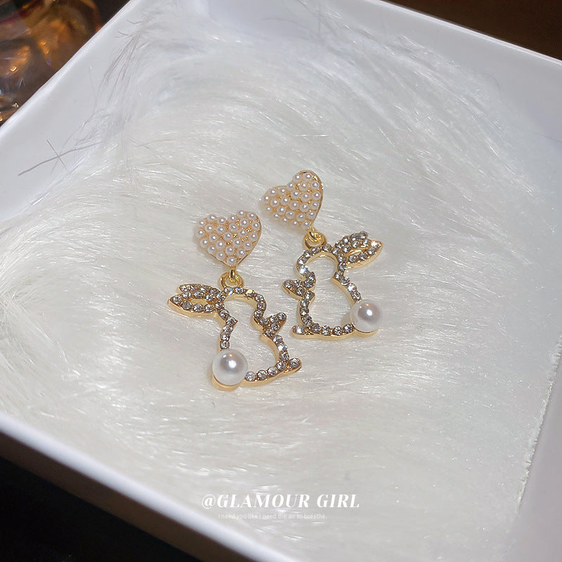 Silver Stitch Pearl Heart Diamond Cute Rabbit Earrings MIC-BaoY057