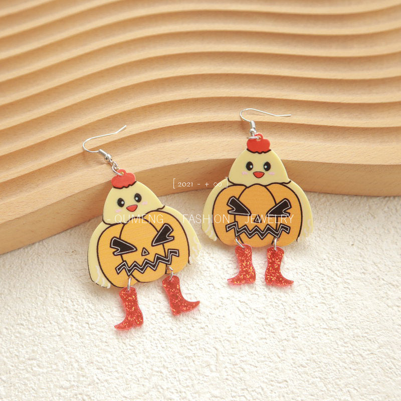 Acrylic Halloween cartoon pumpkin chicken earrings (Minimo de Compra 3) MIC-OuG053