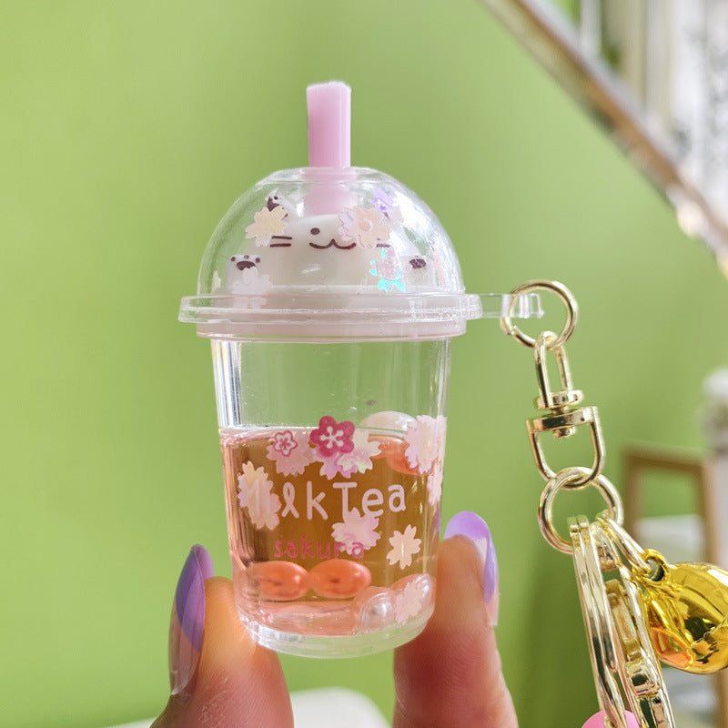 PVC cat shiny oil pearl milk tea cup keychain MIC-YanG014