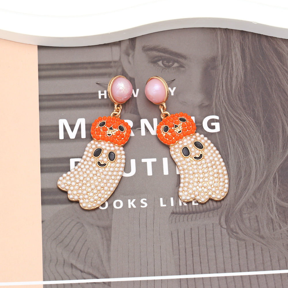 Alloy inlaid imitation pearl pumpkin ghost earrings MIC-ManY048