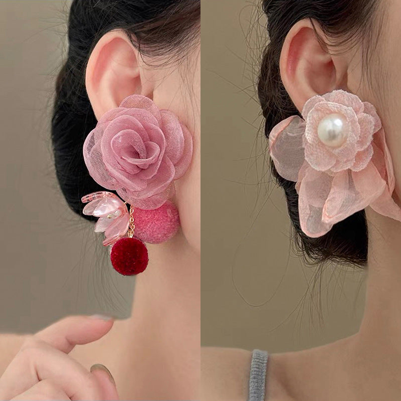 Alloy Pink Flower Pearl Earrings (Minimo de compra 2) MIC-FengM002