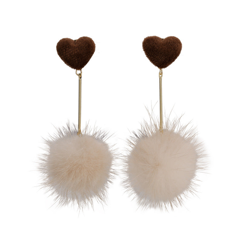 Alloy coffee colored hair ball heart earrings MIC-MiS019