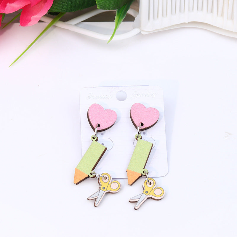 Teacher's Day Pen Stripe Heart Wood Ear Studs