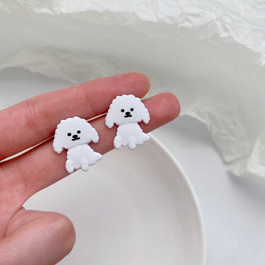 S925 Silver Needle Lace Little White Dog Stud Earrings MIC-KGG022