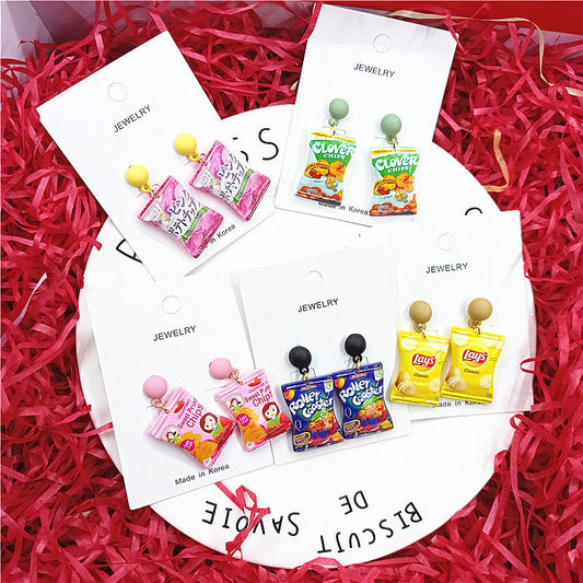 Potato Chips Puffed Potato Chips Simulation 925 Silver Earrings XingJ002