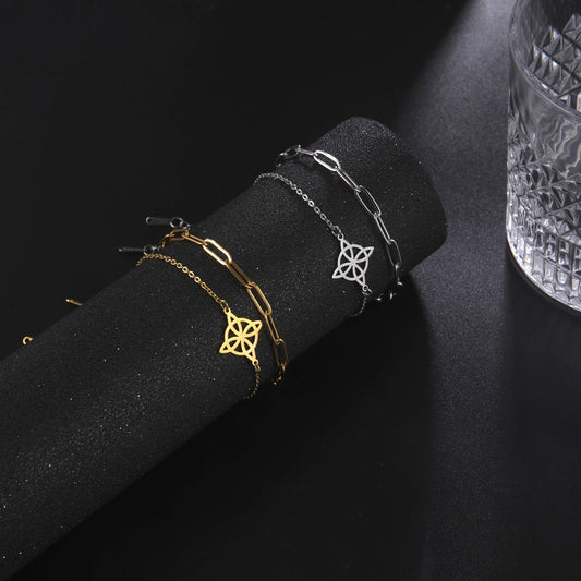 Bracelet Stainless Steel Double Layered Wearing Cross Chain Hollow Four-leaf Leaf QiJu003