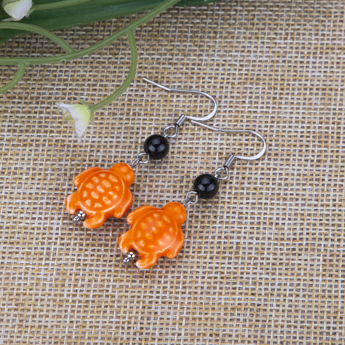 Earrings Black Onyx Ceramic Animal Turtle Stainless Steel YinW001