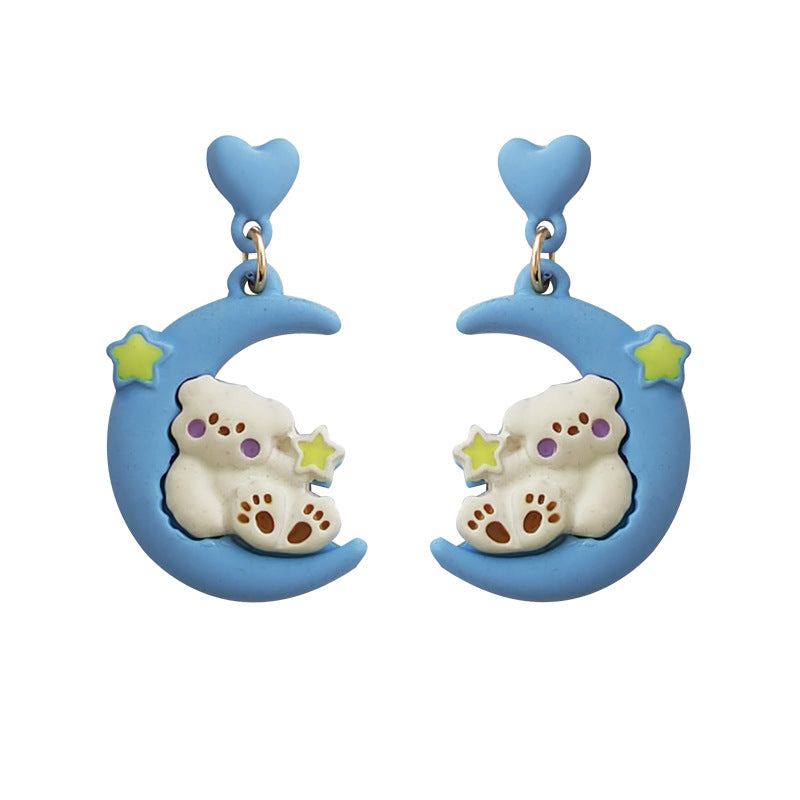 Alloy Blue Love Moon Bear Earrings MIC-BLD033