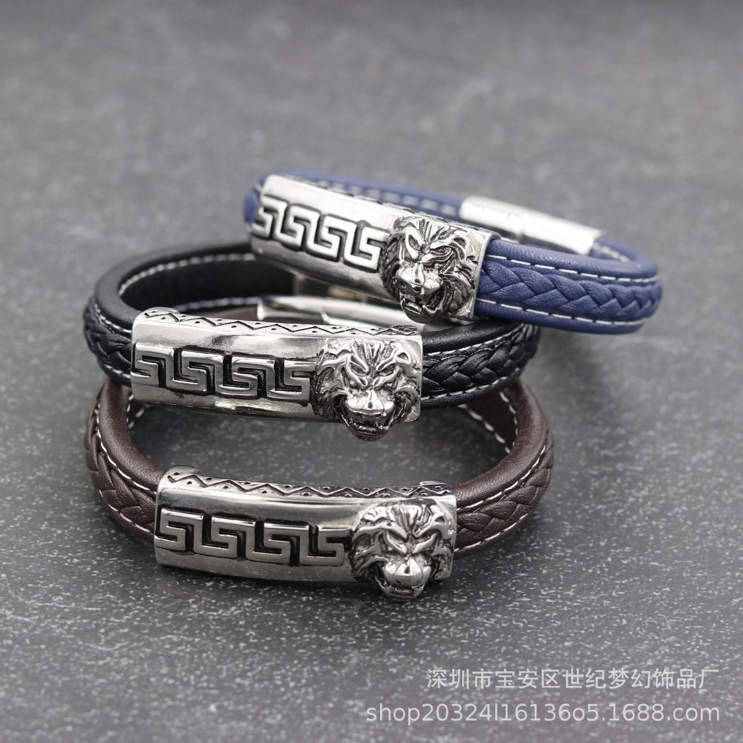 Bracelet Stainless Steel Rock Lion Braided Leather Cord SJMH005