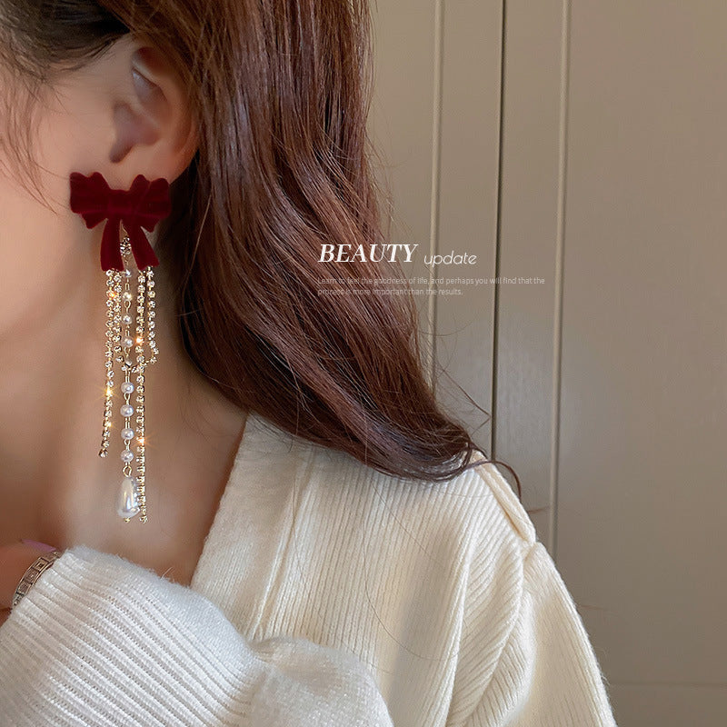 925 Silver Pin Bow Knot Pearl Tassel Earrings MIC-BaoY054