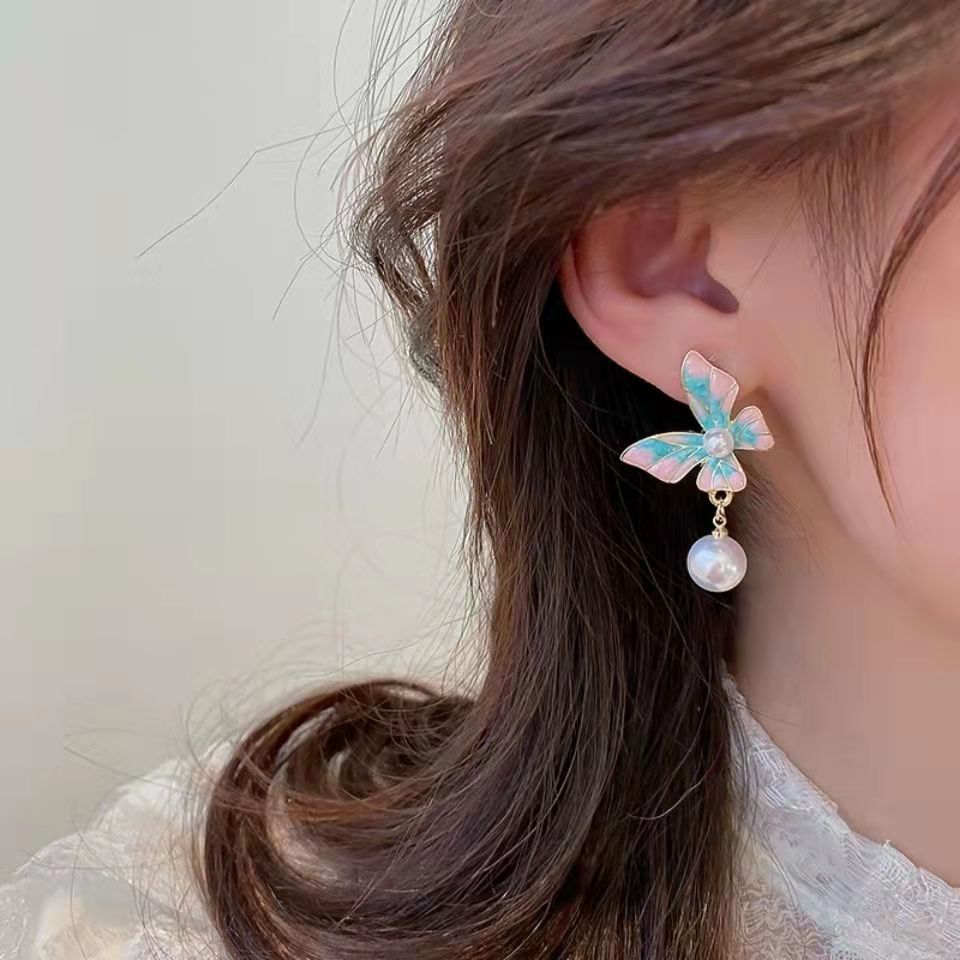 Alloy pink blue bow pearl earrings (Minimo de compra 2) MIC-BiShang009