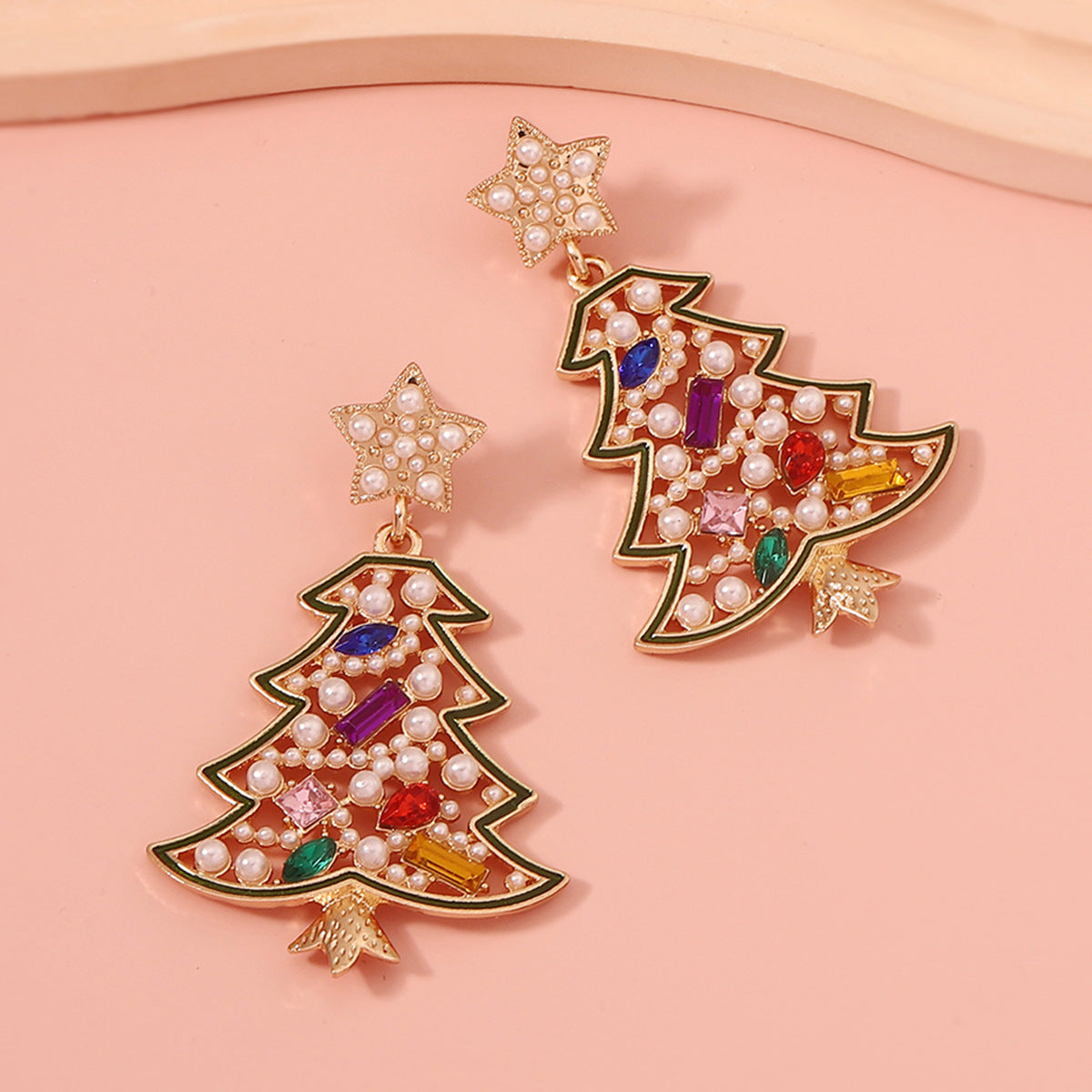 Alloy Christmas Tree with Colored Diamond Earrings MIC-YueL024