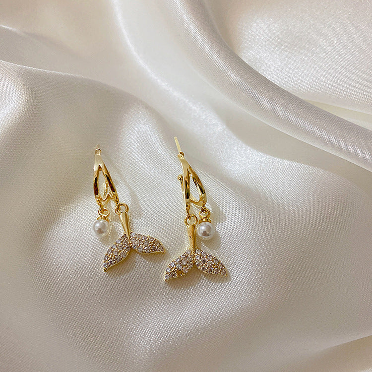 Alloy zircon pearl fish tail earrings MIC-ShunM002