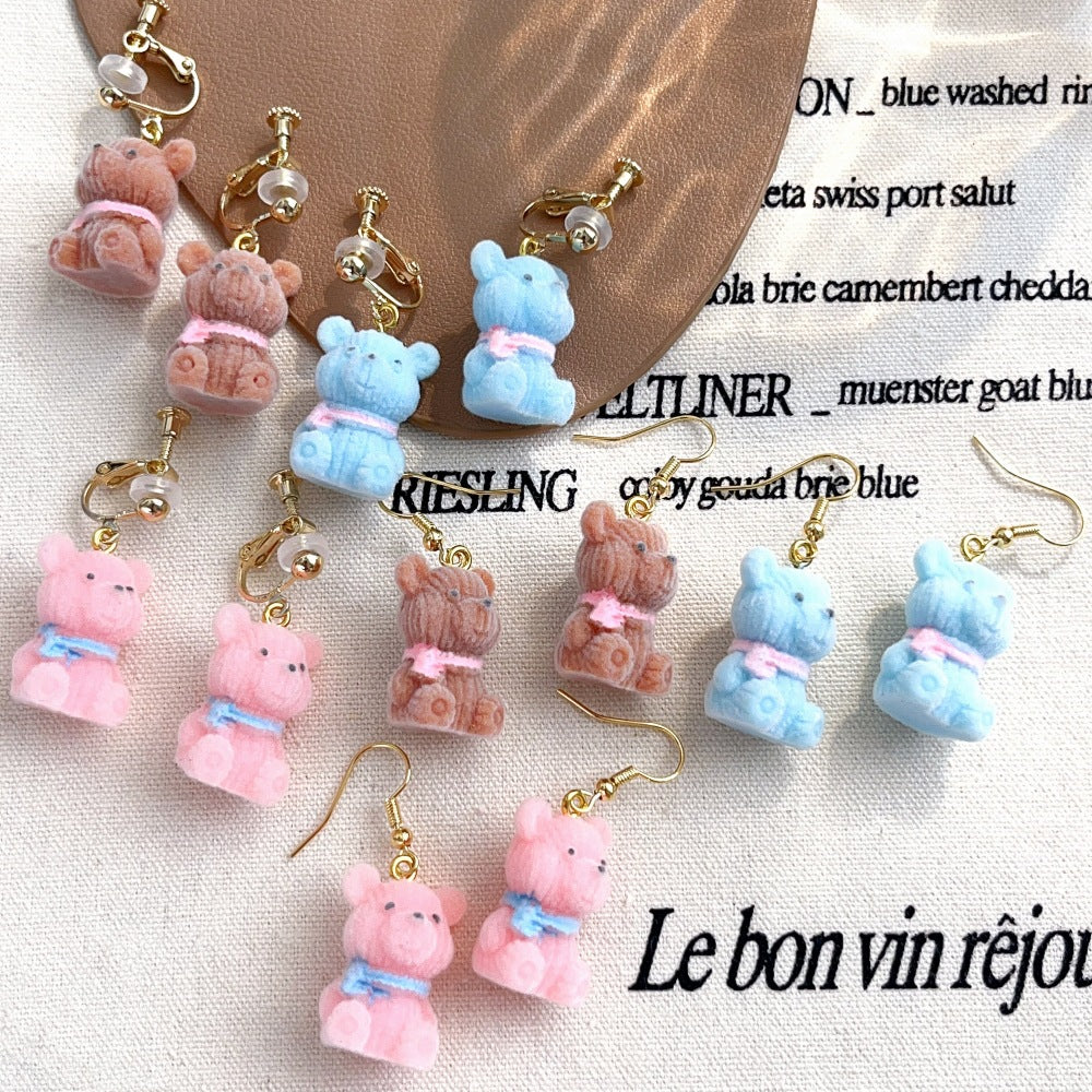 Alloy flocked three-dimensional bear earrings MIC-AXing009