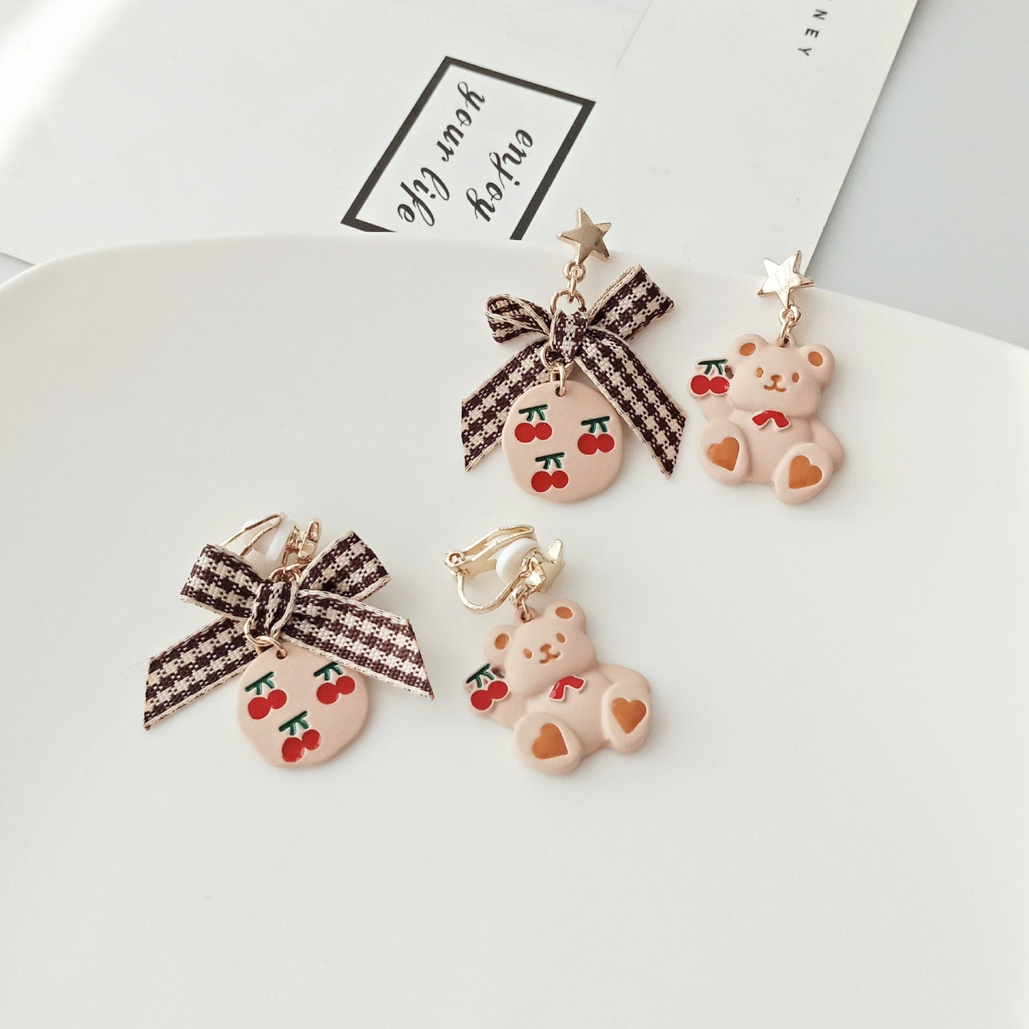 S925 Silver Pin Asymmetric Bow Bear Stud Earrings MIC-YKT010