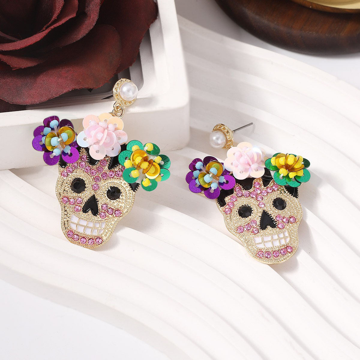 Alloy shiny floral skull earrings MIC-YueL026