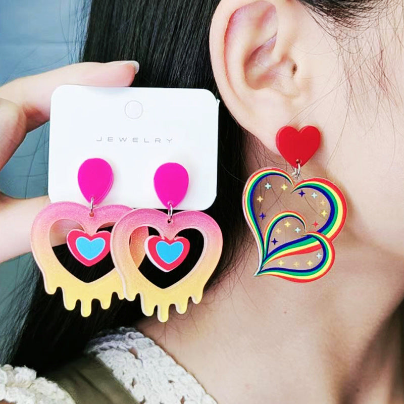 Acrylic Peach Heart Love Rainbow Earrings MIC-DuA089