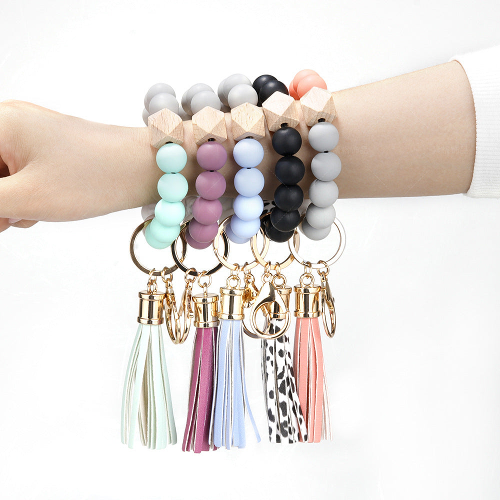 Silicone Beaded PU Leather Tassel Wristlet Keychain MIC-ZiGe001