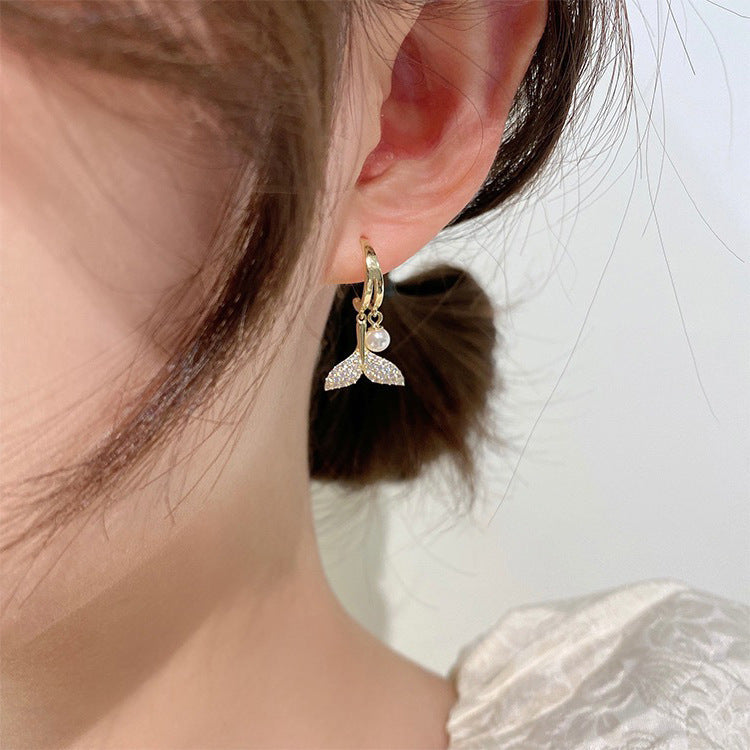 Alloy zircon pearl fish tail earrings MIC-ShunM002