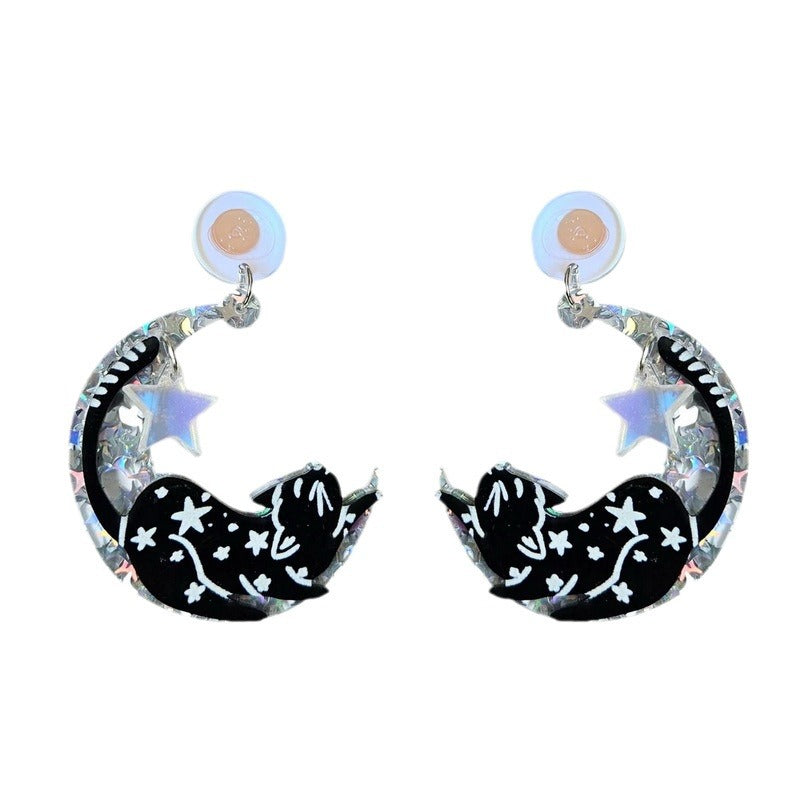 Acrylic Funny Moon Black Cat Earrings MYA-XueP174