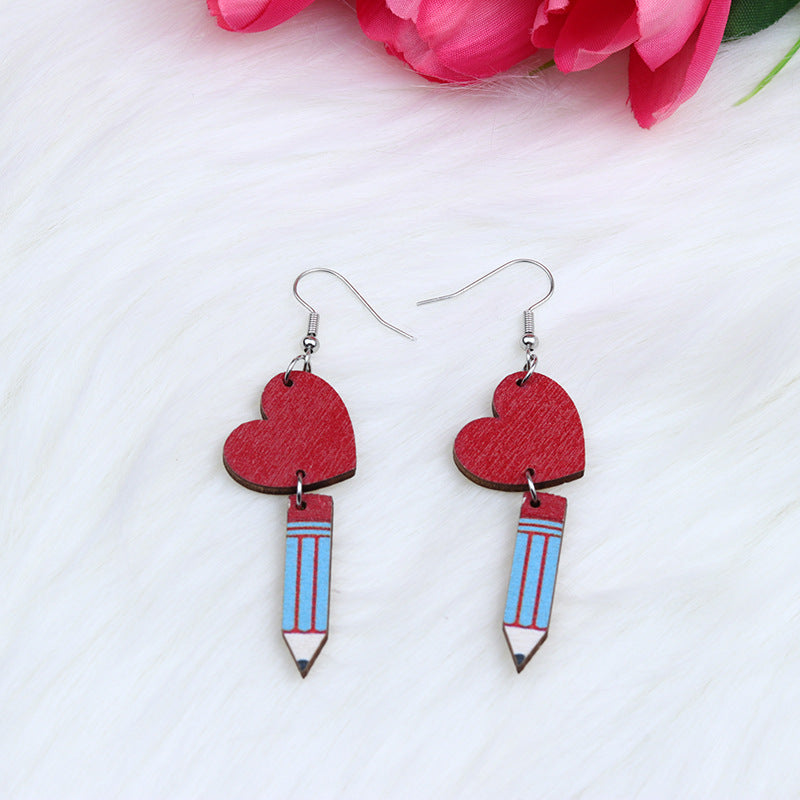 Teacher's Day Heart Hollow Wooden Earrings