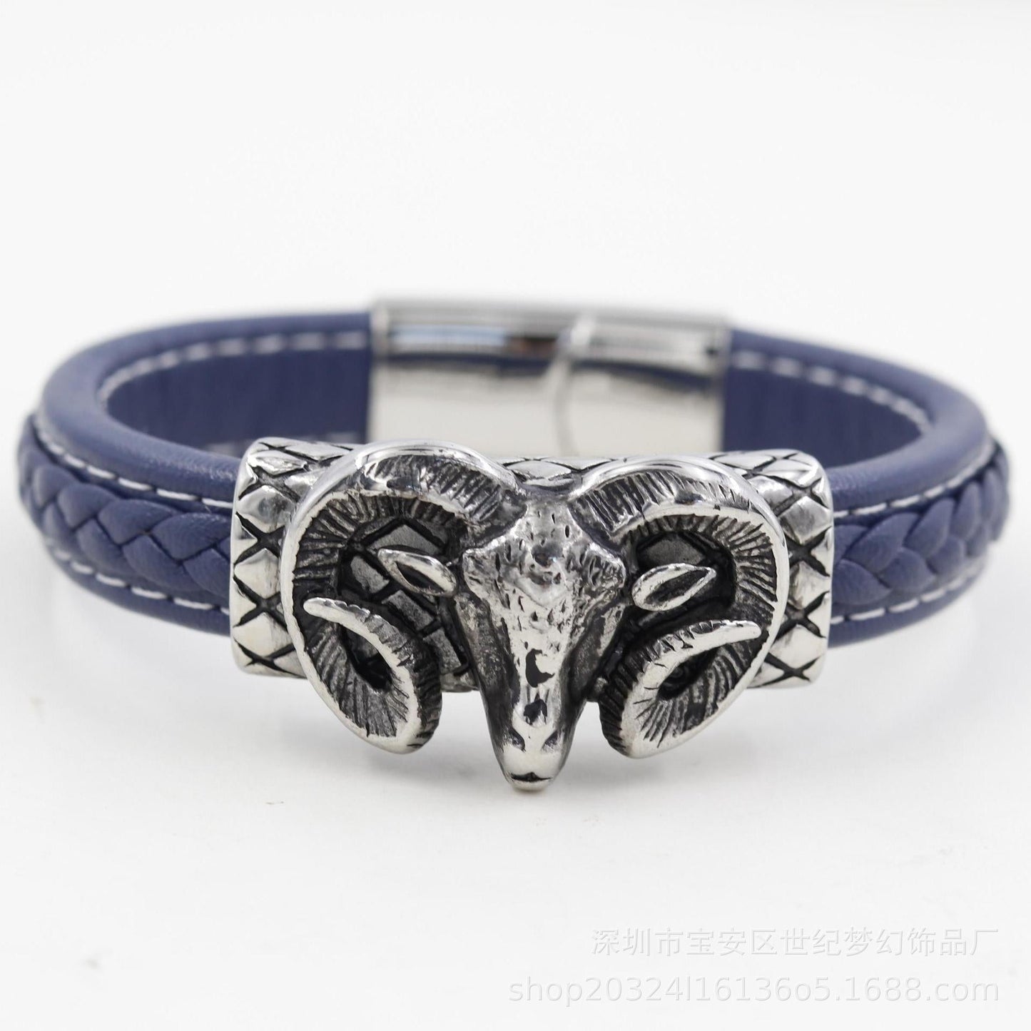 Bracelet Stainless Steel Antelope Head Braided Leather Cord SJMH006