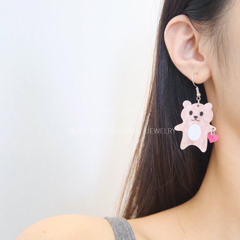 Acrylic Cute Bear Peach Heart Earrings MIC-OuG094