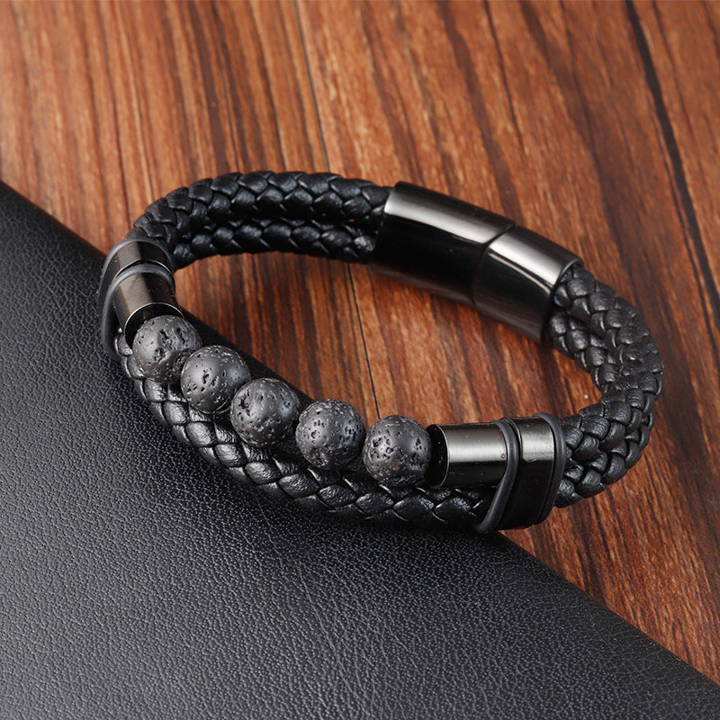 Bracelet Stainless Steel Leather Woven Natural Stone OuSD012