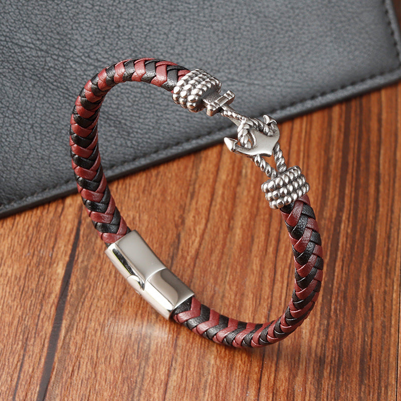 Bracelet Stainless Steel Anchor Vintage Braided Genuine Leather OuSD013