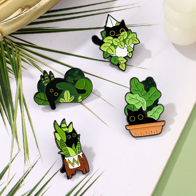 Alloy black cat green plant shaped brooch MIC-XuX019