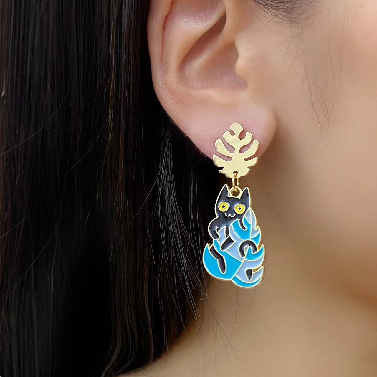 Alloy colored tree leaf flower cat earrings MIC-AiM015