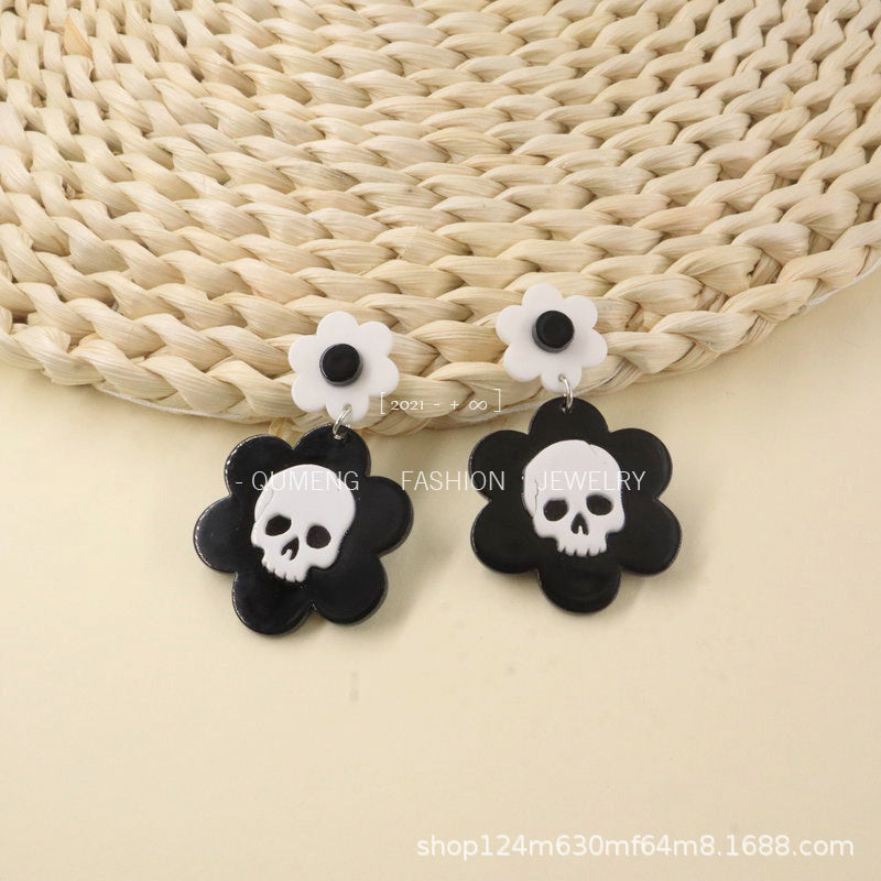 Acrylic Halloween Skull Flower Earrings (Minimo de Compra 3) MIC-OuG074