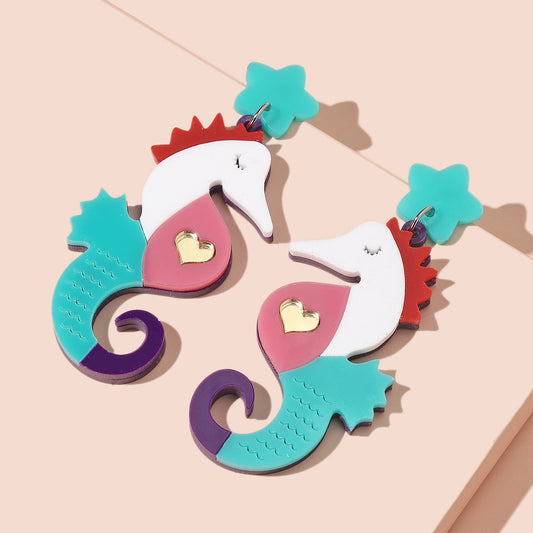 Acrylic seahorse patchwork color earrings (Minimo de compra 2) MIC-GanL028