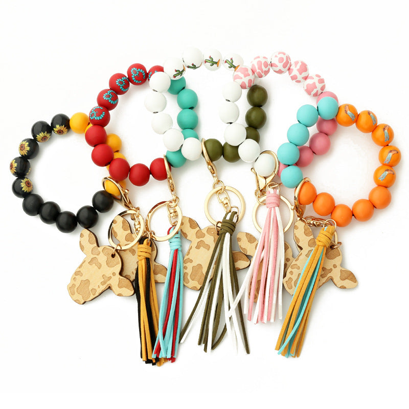 Keychains Bull Head Tassel Pendant Western Cowboy Cow Wooden Beads Bracelet MIC-NuoYi022