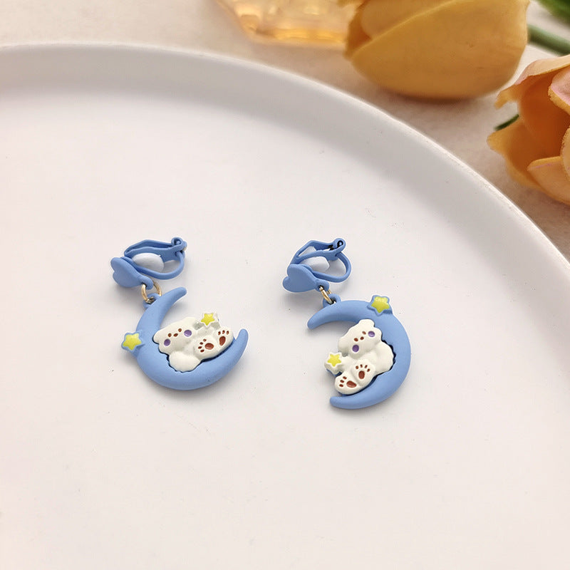 Alloy Blue Love Moon Bear Earrings MIC-BLD033